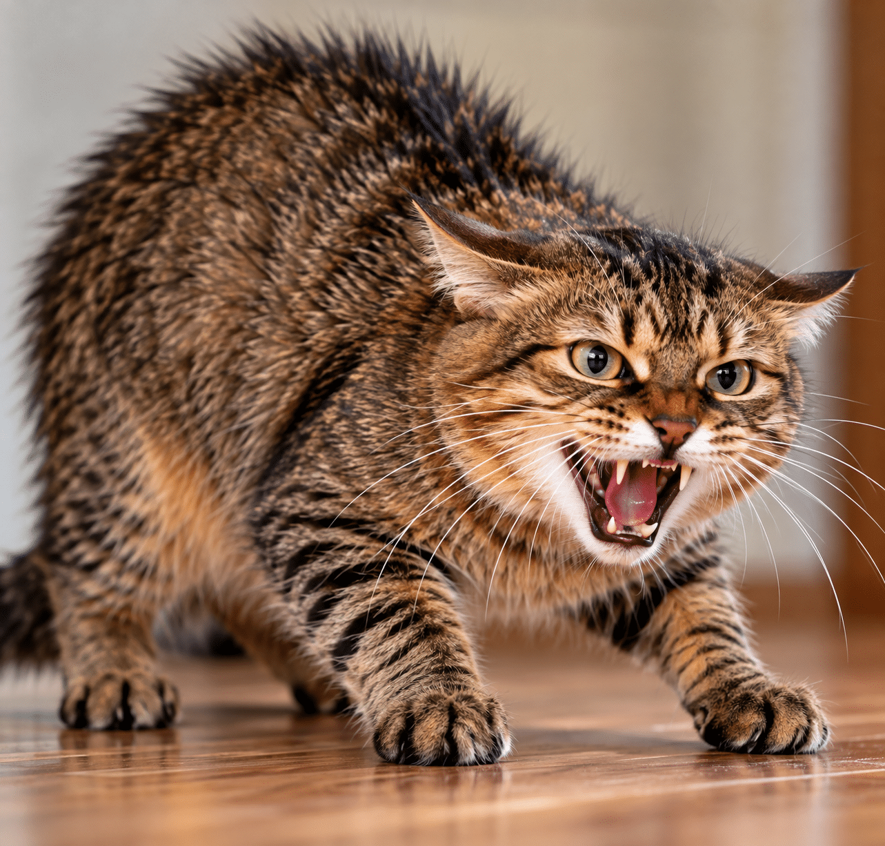 Defensive tabby cat hissing with ears back
