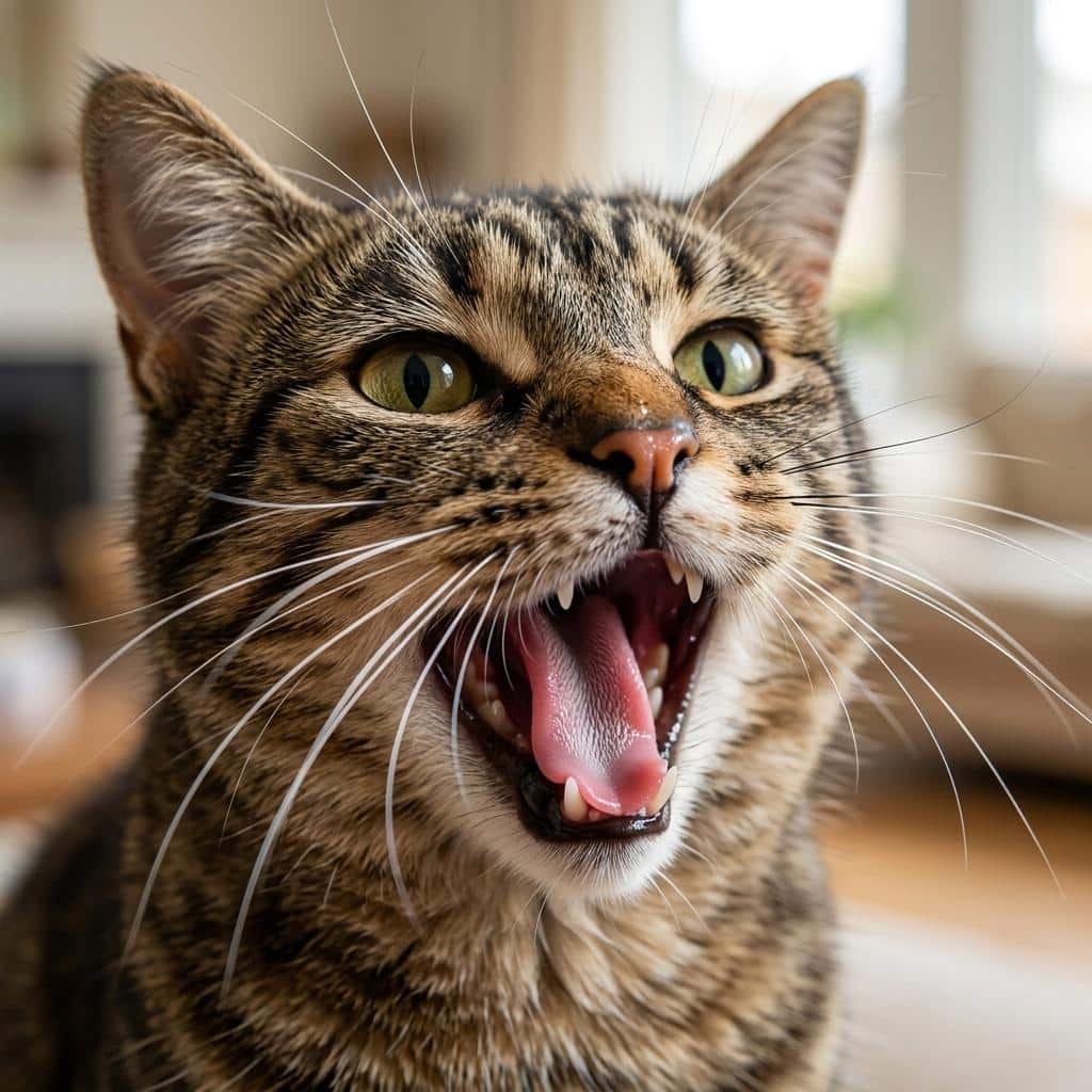 Cat meowing with mouth open